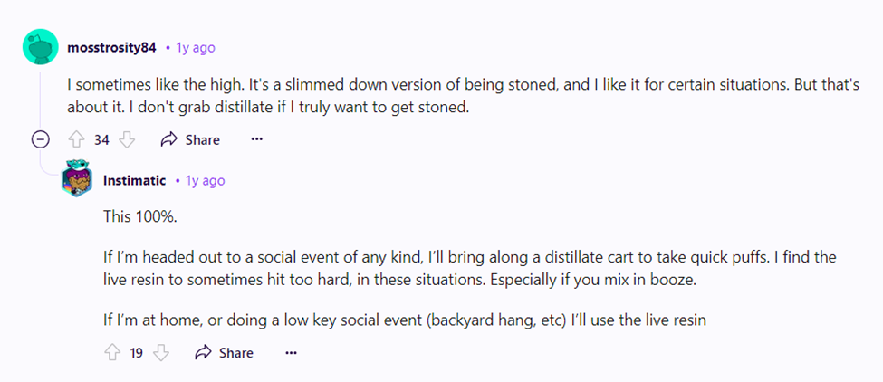 screenshot of reddit conversation about how vaping live resin vs. distillate cart feels