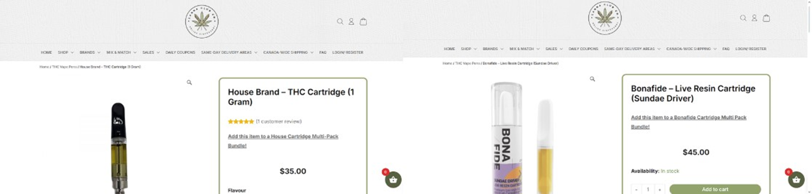 screenshot showing live resin vs. distillate cart pricing