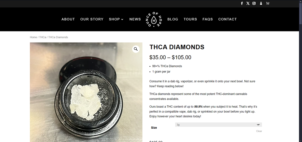 screenshot of thc diamond price